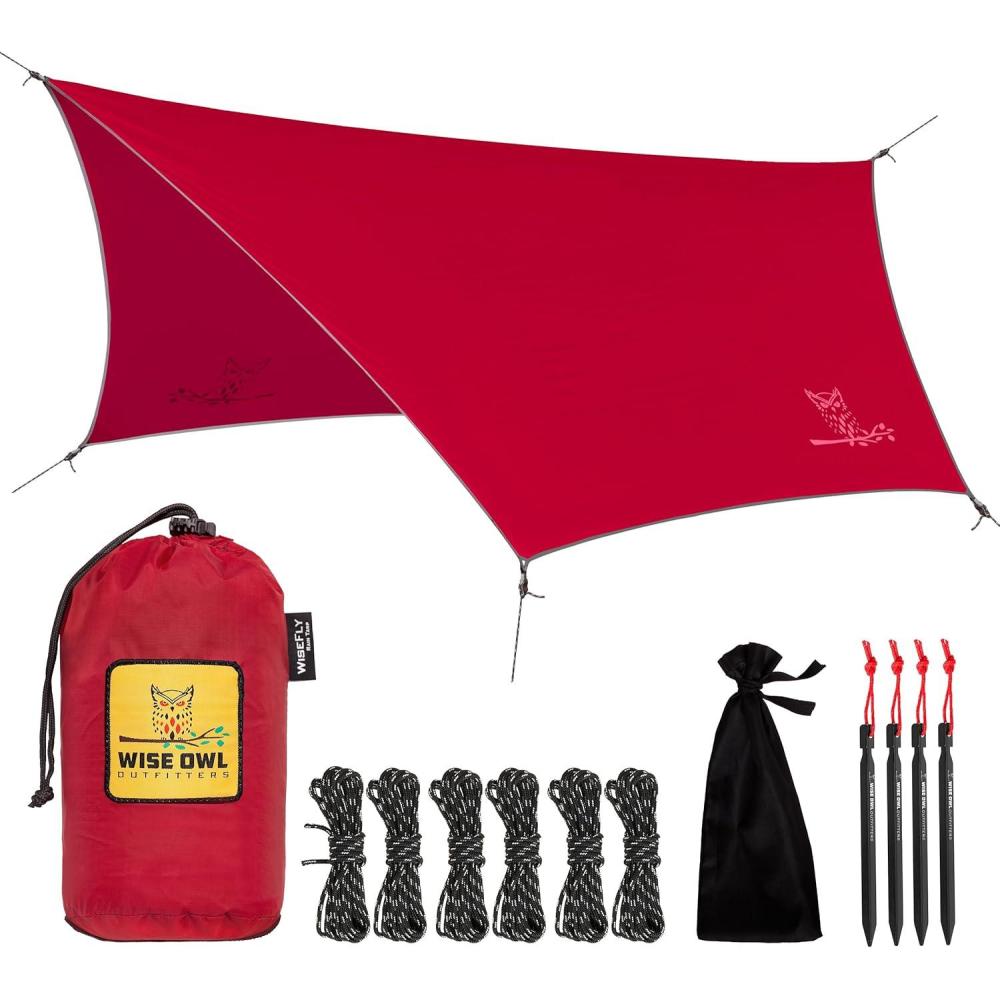 image:imageWise Owl Outfitters Hammock Rain Fly  Waterproof Camping Tarp Cover with Tent Stakes amp Carry Bag Ultralight Shelter for Backpacking amp Outdoor ShadeCrimson Red
