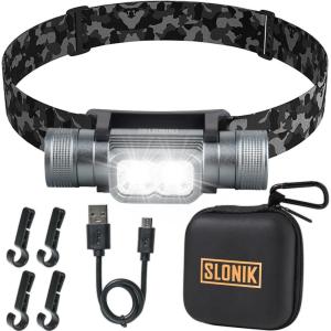 SLONIK Headlamp Rechargeable – 1000 Lumen LED USB Rechargeable Headlight – IPX4 Waterproof Head Lamp with Bright 60 ft Flashlight Beam – Hiking & Outdoor Camping Gear, Black – LED Headlamp(Camo)