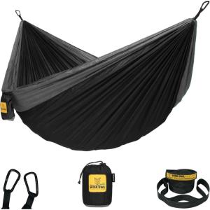 Wise Owl Outfitters Camping Hammock – 500lbs Portable Hammock with Tree Straps – Travel, Backpacking, Hiking, Outdoors Camping Gear – Single or Double(Black & Grey)