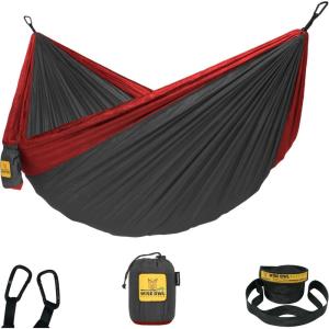 Wise Owl Outfitters Camping Hammock – 500lbs Portable Hammock with Tree Straps – Travel, Backpacking, Hiking, Outdoors Camping Gear – Single or Double(Charcoal & Red)