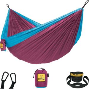 Wise Owl Outfitters Camping Hammock – 500lbs Portable Hammock with Tree Straps – Travel, Backpacking, Hiking, Outdoors Camping Gear – Single or Double(Fuchsia & Sky Blue)