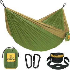 Wise Owl Outfitters Camping Hammock – 500lbs Portable Hammock with Tree Straps – Travel, Backpacking, Hiking, Outdoors Camping Gear – Single or Double(Green & Khaki)