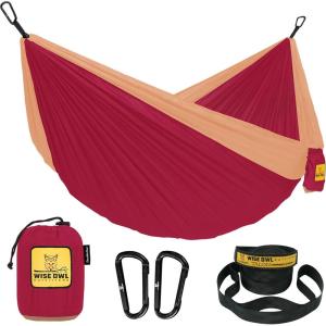 Wise Owl Outfitters Camping Hammock – 500lbs Portable Hammock with Tree Straps – Travel, Backpacking, Hiking, Outdoors Camping Gear – Single or Double(Magenta & Peach)