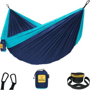 Wise Owl Outfitters Camping Hammock – 500lbs Portable Hammock with Tree Straps – Travel, Backpacking, Hiking, Outdoors Camping Gear – Single or Double(Navy & Light Blue)