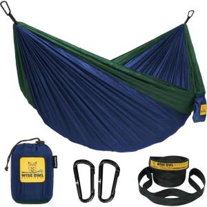 Wise Owl Outfitters Camping Hammock – 500lbs Portable Hammock with Tree Straps – Travel, Backpacking, Hiking, Outdoors Camping Gear – Single or Double(Navy & Green)