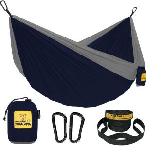Wise Owl Outfitters Camping Hammock – 500lbs Portable Hammock with Tree Straps – Travel, Backpacking, Hiking, Outdoors Camping Gear – Single or Double(Navy & Steel)