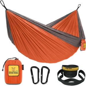 Wise Owl Outfitters Camping Hammock – 500lbs Portable Hammock with Tree Straps – Travel, Backpacking, Hiking, Outdoors Camping Gear – Single or Double(Orange & Grey)