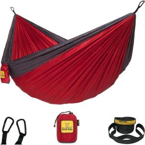 Wise Owl Outfitters Camping Hammock – 500lbs Portable Hammock with Tree Straps – Travel, Backpacking, Hiking, Outdoors Camping Gear – Single or Double(Red & Charcoal)