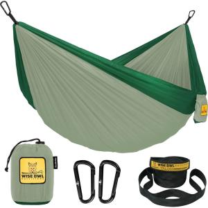 Wise Owl Outfitters Camping Hammock – 500lbs Portable Hammock with Tree Straps – Travel, Backpacking, Hiking, Outdoors Camping Gear – Single or Double(Sage & Dark Green)