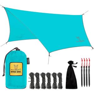 Wise Owl Outfitters Hammock Rain Fly – Waterproof Camping Tarp Cover with Tent Stakes & Carry Bag, Ultralight Shelter for Backpacking & Outdoor Shade(Light Blue)