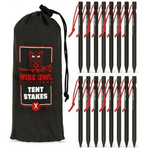 Wise Owl Outfitters Tent Stakes Heavy Duty 16 Pack – Lightweight Non-Rust Aircraft Aluminum Tent Pegs – Metal Ground Stakes for Camping, Canopy, Tarp(Aircraft Aluminum)